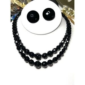VINTAGE Necklace Earrings Set SIGNED LAGUNA Vtg Black Glass Bead Jewelry JU09